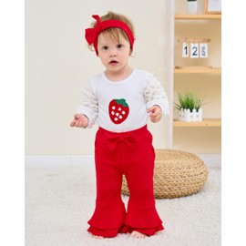 Renotemy Newborn Infant Baby Girl Clothes 0-3 Months Baby Girl Outfit Infant Puff Long Sleeve Romper Coming Home Newborn Essentials Outfits Gifts Strawberry Bell Bottom Pants Bodysuit Clothes Set