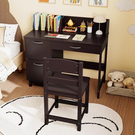 Costzon Kids Desk and Chair Set, Wooden Student Study Desk Set w/Hutch, Storage Drawer & Cabinets for 3-8 Years Old Child, Writing Computer Workstation for Bedroom School (Upgraded, Dark Brown)