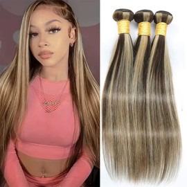 Dokksiiia Dark Brown Ombre Bundles Ombre P4/613 Highlight Piano Color Straight Bundles Human Hair Dark Brown and Light Blonde Mix Brazilian Human Hair Extensions 24 26 28 Inch Soft & Thick