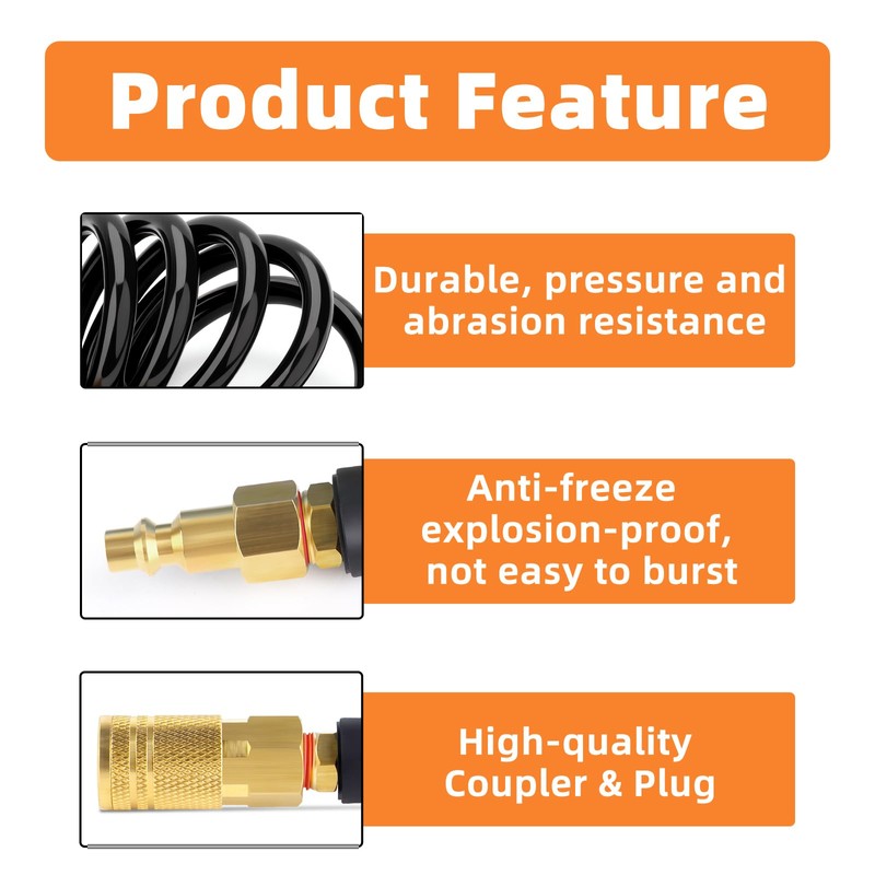 GASHER Black 1/4" x 10FT Polyurethane Recoil Air Hose with