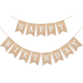 Uniwish Happy Birthday Banner for Birthday Party Decorations, Rustic Burlap Bunting Swallowtail Flags, 2 in 1