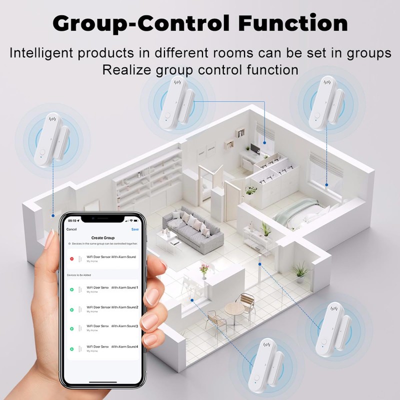 Acmerota WiFi Door Sensor Black Door Alarm Sensor Smart Doors