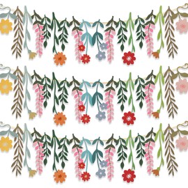 3 PCS Flower Banner Wildflower Party Decorations, Colorful Flowers and Leaves Double-Sided Waterproof Banner Hanging Decoration for Birthday Baby Shower Wedding Backdrop Decorations