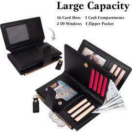 KOTORA Womens Small Wallets Leather RFID Blocking Bifold Zipper Coin Pocket Wallet Card Case Holder Minimalist Clutch Handbag Purse, Black, Bifold