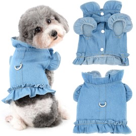 Ranphy Small Dog Harness Girl Dress Pet Vest Harnesses Puppy Denim Shirt Doggie Cat Summer Outfit with Ruffles Breathable Doggy Sundress Chihuahua Yorkshire Terrier Apparel