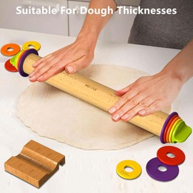Mepple Adjustable Wooden Rolling Pin with 4 Removable Thickness Rings，Great for Baking Dough, Pizza, Pie, Pastries, Pasta, Cookies and More, 13.6" x 2.5" x 2.5", Multicolor