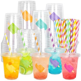 FYSUIMU 120 Pack Summer Colorful Ice Pops Disposable Plastic Cups with Lids and Straws Ice Cream Lolly Cold Beverage Drinking Cup for Beach Hawaiian Luau Party Supplies