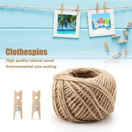 Haosie 250 pcs Mini Clothes Pins, Clothes Pins Wooden, Multi Function Craft Clip Photo Paper Peg Pin with 1 Roll 50 Meter Jute Twine for Photo Wall Decoration Scrapbooking Postcard Art Work Display