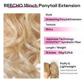 REECHO Ponytail Extension, 18 inch Drawstring Ponytail Hair Extensions Long Curly Wavy Clip in Pony Tail Synthetic Hairpiece for Women, Light Blonde