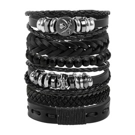 Manfnee 6pcs Braided Leather Bracelet for Men Women Wooden Beads Cuff Wrap Bracelet Adjustable, Faux Leather Zinc, No gemstone