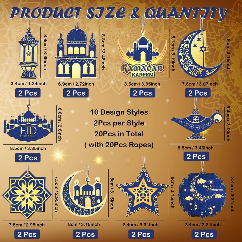 Ramadan Decorations, 20Pcs Wooden Pendant Eid Ramadan Decorations for Home,