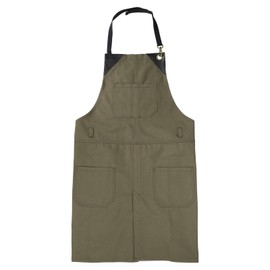 sourcing map No-Tie Twill Apron 90x66cm Split-Leg Leather Reinforcement Adjustable Chef Apron with 6 Pockets for Men and Women, Green