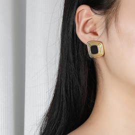 Dckazz Chunky Gold Earrings Black and Gold Statement Earrings for Women Vintage Chunky Square Stud Trendy Bold Jewelry
