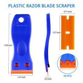 3 x Kunststoff-Rasierklingenschaber mit 30 Klingen, kratzfester Mehrzweck-Schaber für Etiketten, Aufkleber, Klebstoffentfernung auf Glas, Fenstern, Böden und Autos