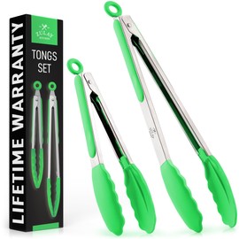 Zulay Stainless Steel Kitchen Tongs with Silicone Tips - Set of 2 (9” & 12”) Locking Cooking Tongs with Non-Slip Grip - Heat Resistant, BBQ Food Tongs for Non-Stick Cooking Pans (Silver/Light Green)