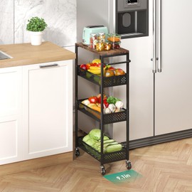 XYZLVSI Slim Storage Cart 4 Tier Fruit and Vegetable Baskets for Kitchen Small Space, Narrow Rolling Cart on Wheels with Wooden Top and Metal Handle for Pantry, Bathroom, Laundry Room