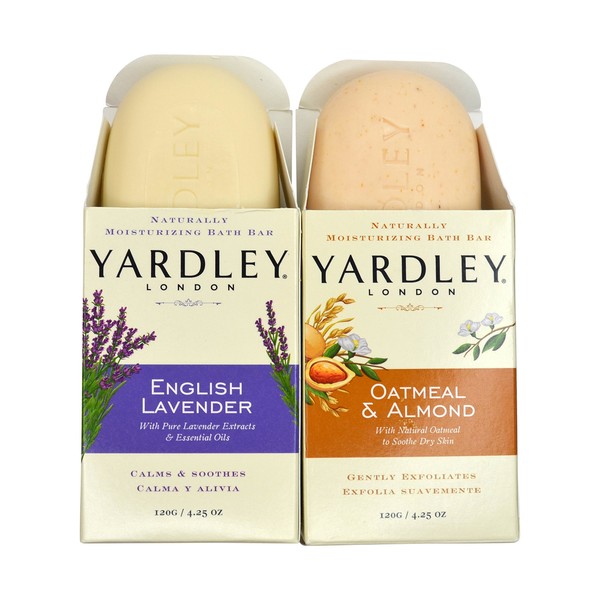 Yardley London Soap Bath Bar Bundle - 4 Bars: English Lavender & Oatmeal and Almond Naturally Moisturizing Bath Bar, 4.25 oz. (Pack of 4, Two of Each)
