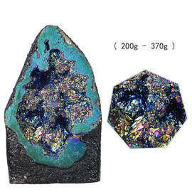 Nupuyai Titanium Coated Natural Rock Crystal Geode Druze Gemstone Crystal Cluster Quartz Geode for Reiki Healing House Feng Shui Decoration (Standing Shape)
