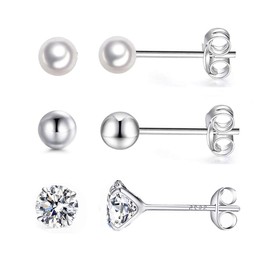 Shuxin Silver Stud Earrings for Women, 3 Pairs 925 Sterling Silver Cubic Zirconia & Ball & Pearl Stud Earrings Set, Small Sleeper Cartilage Studs, Come with Silver Butterfly Earring Backs, Size: 4mm