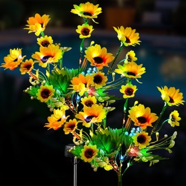 TANSOREN Paquete de 2 luces solares de jardín para exteriores, luces LED coloridas impermeables con energía solar, girasoles para exteriores, patio, decoración de caminos, regalos, dos modos de