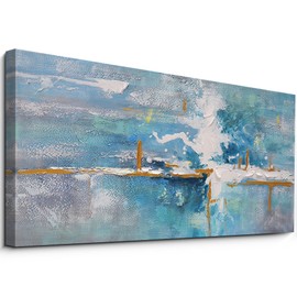 yiijeah Turquoise Wall Decor (Partial Hand Painting) Teal Abstract Wall Art Large Wall Art Framed Picture Artwork Office Bedroom Oversize Canvas Home Decoration