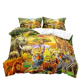 VIVIHOME 2PCS Safari Animal Duvet Cover, Twin Bedding, Boys Kids Bedding, Zoo Jungle Animal Tiger Lion Elephant Zebra Giraffe African Wildlife Wild Animal Comforter Bedspread Quilt Cover, 1 Pillowcase