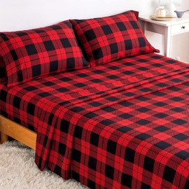 KACEMOO Full Size Bed Sheets Set 4PC - Red Black Plaid Printed Sheet Soft Cooling 1800 Thread Count Brushed, 8-17'' Deep Pocket Kids Bed Sheet Set, Machine Washable Patterned Double Bedding Set