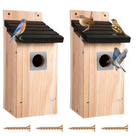 Dreyoo Cedar Bluebird Box Houses for Outside, 1-1/2'' Entrance Hole Wooden Bird Houses with Metal Guard, Secure Latch, Fledgling Grooves, Air Vents for Bluebird Wren Swallow(2 Pack)