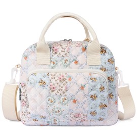 shiprabags Quilted Lunch Box for Women, Large Insulated Lunch Bag for Adult,Elegant Pink Bow Cute Portable Tote Bags for Work Travel Beach Picnic (Blue Floral Patchwork, M)