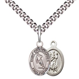 Men's .925 Sterling Silver Saint Christopher Rugby Medal Pendant on 24 Inch Endless Rhodium Plated Heavy Curb Brass Chain, Catholic Religious Necklace -Made in USA- Deluxe Velvet Gift Box