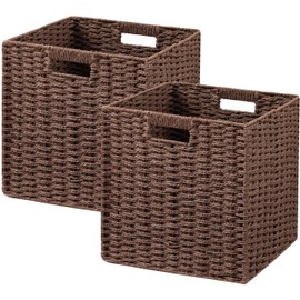 UBBCARE 2 Pack Wicker Basket, 11L×11H×10.5W inch Woven Paper Rope Storage Baskets for shelves, Foldable Cube Storage bin with Handle, Storage Basket for Organizing & Decor, Brown