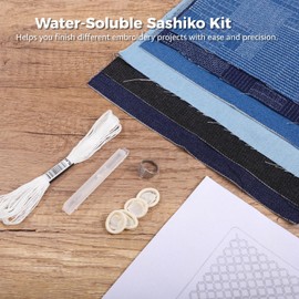 Sashiko Kit for Beginners, Water-Soluble Sashiko Thread and Needles Set, Pure Fabric Sashiko Stencil Kit, Versatile Sashiko Supplies, Embroidery Transfer Templates for DIY Crafts