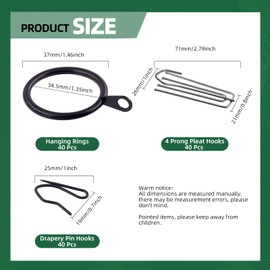 Keadic 120Pcs Black Metal Drapery Pleat Hooks Pins Rings Set, 30 mm ID Curtain Rod Rings 4 Prongs Pinch Traverse Pleater Tape End Hanging Pin-on Hooks Clips for Decorative Shower Window Curtain