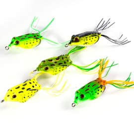 Dr.Fish 5pcs Frog Topwater Lures Set Frog Soft Fishing Lures Artificial Bait Double Hooks 3D Eyes Plastic Hollow Body for Bass Pike Freshwater Saltwater Fishing 5.5cm/10g