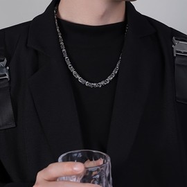 RWQIAN Men's Byzantine Chain Necklace Men's Viking Necklace Byzantine Plate Chain Stainless Steel Silver/Black/Gold 50-70 cm, Stainless Steel