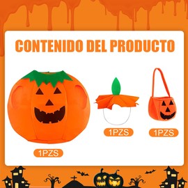 AOKUN Kit 3pzs Disfraz Halloween para Niños y niñas,Incluir Ropa de Calabaza+Sombrero+Bolsa de Mano de Calabaza,Disfraz de Calabaza Kawaii,Cómodo y Transpirable,Reutilizable (Altura 105cm-145cm)