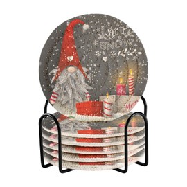 Caikeny 6 Pcs Drink Coasters with Metal Holder Christmas Gnome Snowflakes Black Absorbent Coasters Decorative Woven Coaster Set for Coffee Table