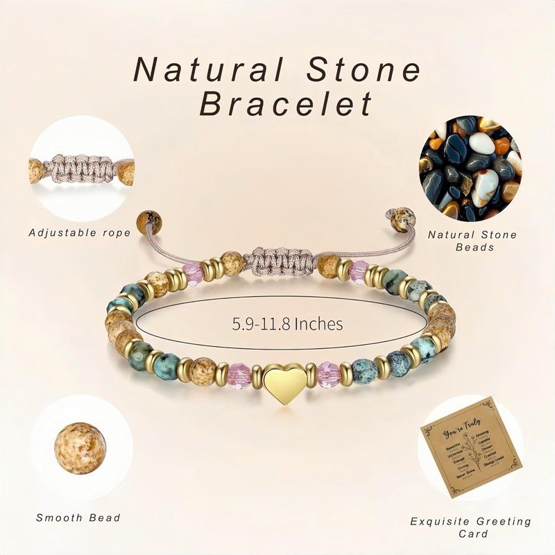 CINSKYING Natural Stone Bracelet with Heart Charm, Inspirational Gift (W3)