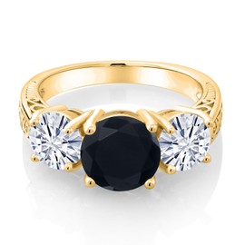 Gem Stone King 18K Yellow Gold Plated Silver Black Onyx and White Moissanite Engagement Ring For Women | 3.25 Cttw | Round 8MM | Gemstone December Birthstone | Size 6