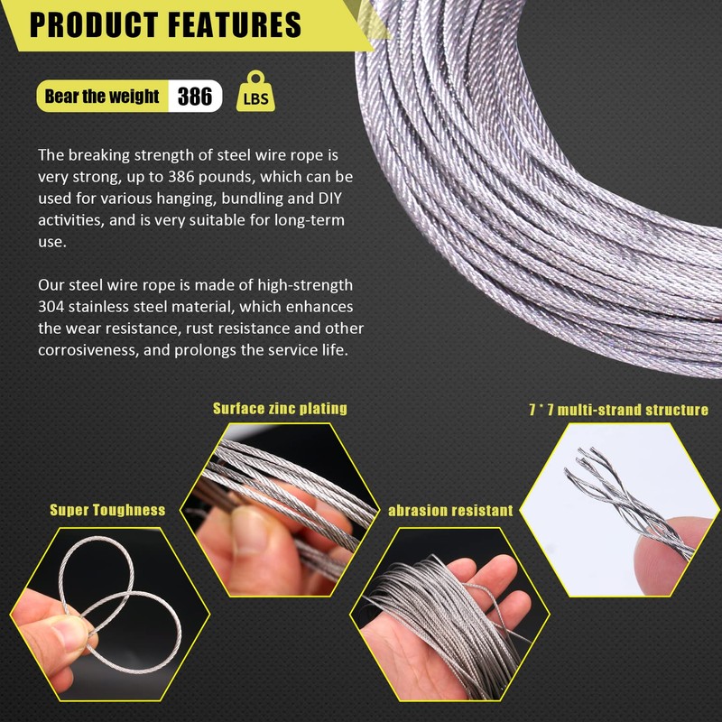 KNLN/304 Stainless Steel 66ft Wire Rope Kit with M5 Turnbuckle