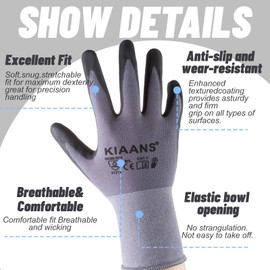 KIAANS 6 Pairs Safety Work Gloves with Touchscreen Nitrile Coated Gloves Anti-Static Multi-Purpose Working Gloves EN388 - Size: 9/L