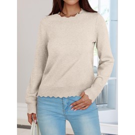 ANRABESS Womens Long Sleeve Sweaters Loose Fit Lightweight Scalloped Knit Soft Dressy Pullover Tops 2025 Fall Casual Outfits Almond Small