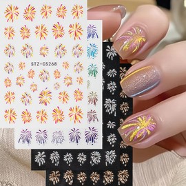ONPRESS 4Sheets Colorful Firework Nail Art Stickers Gold Silver Fireworks Nail Decals 3D Self-Adhesive Independence Day Nail Stickers Holographic Sky Sparkling Fireworks for Women Manicure Decor
