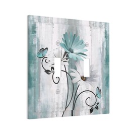Thsanju Teal Daisy Floral and Butterfly on Vintage Farmhouse Wood Plank Double Toggle Light Switch Cover Decorative 2 Gang Wall Plate Dual Device Electrical Switchplate Faceplate for Bathroom Decor