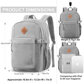 SUPACOOL Casual Backpack For School, Classical Travel Backpack for Men and Women, Bookbag for Boys, Girls and Kids, Laptop Compartment(Light Grey)
