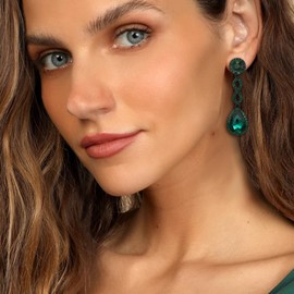 Crysdue Women's Rhinestone Bridal Chandelier Dangle Earrings for Wedding, Spiral Infinity Stunning Crystal Teardrop Jewelry for Prom Party Emerald Green Black-Tone