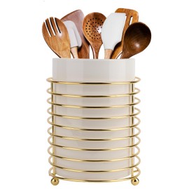 SIEBOLD Kitchen Counter Utensil Holder Gold Ring Metal Frame and White Ceramic Utensil Crocks(H7.48‘’ * W5.5‘’) XL