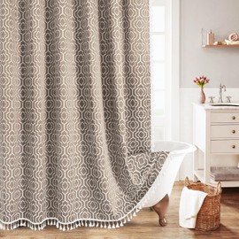 MitoVilla Taupe Boho Shower Curtains for Modern Farmhouse Bathroom Decor, Bohemia Geometric Cotton Fabric Shower Curtain, Fall Country Tassel Cloth Shower Curtain, 72 x 72