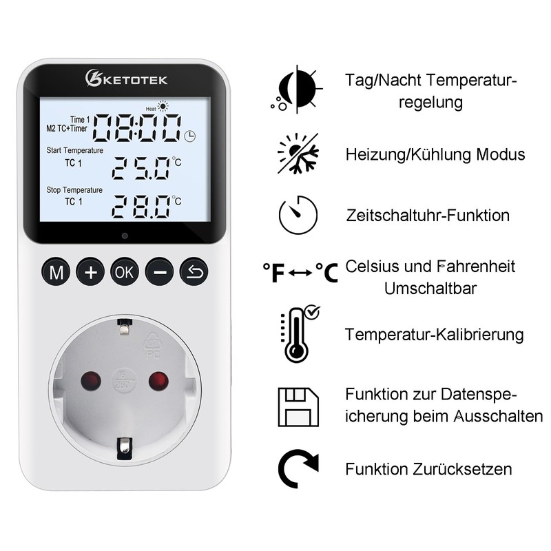 KETOTEK Digital Thermostat Socket with Timer Switch, Socket Thermostat with