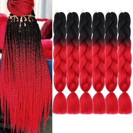 Jumbo Box Braiding Hair Extensions 24 Inch Black to Red High Temperature Synthetic Fiber 6 pcs Ombre Colored Braiding Hair Twist Crochet Braids for Black Women(24",B1)